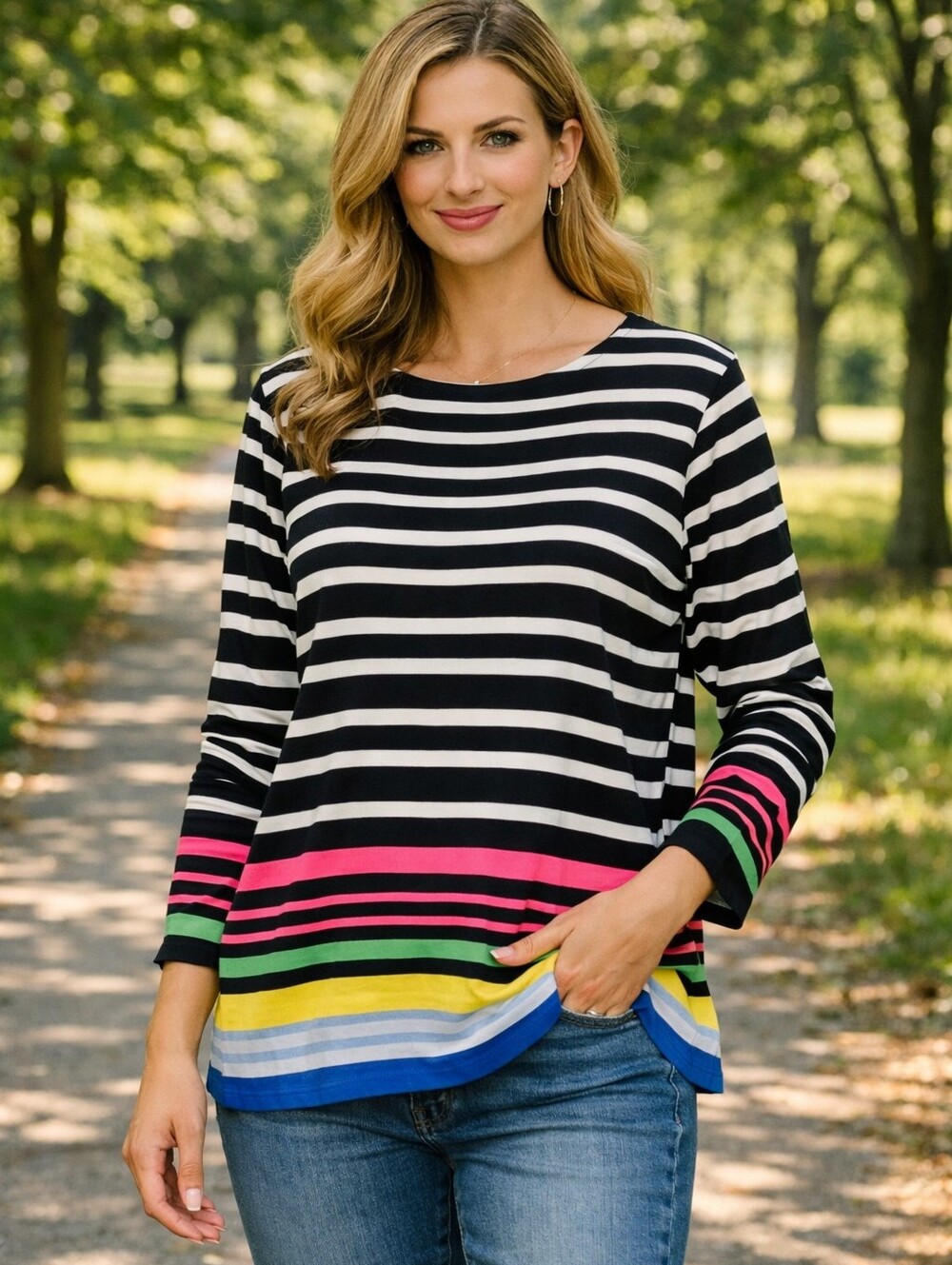 Talbots Black & White Striped Long Sleeve Top with Multicolor Hem